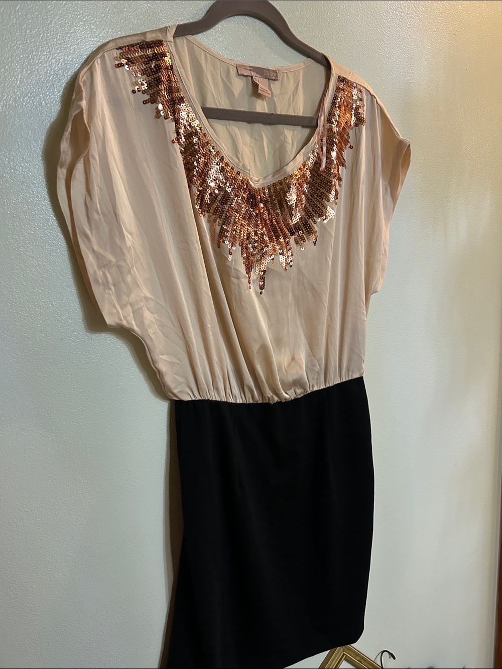 Forever 21 Cream Top with Rose-Gold Sequin Accent & Black Skirt Mini Dress